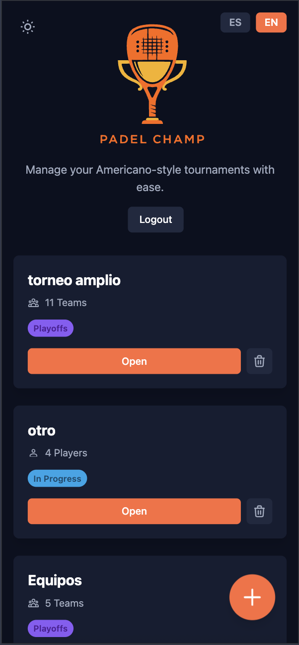 App screen showing tournament list