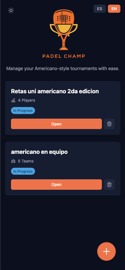 App screen showing tournament list